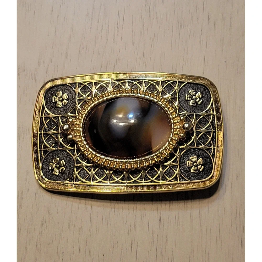 Vintage Gold Tone Filigree Belt Buckle with Agate Stone‎ Western Cowgirlcore